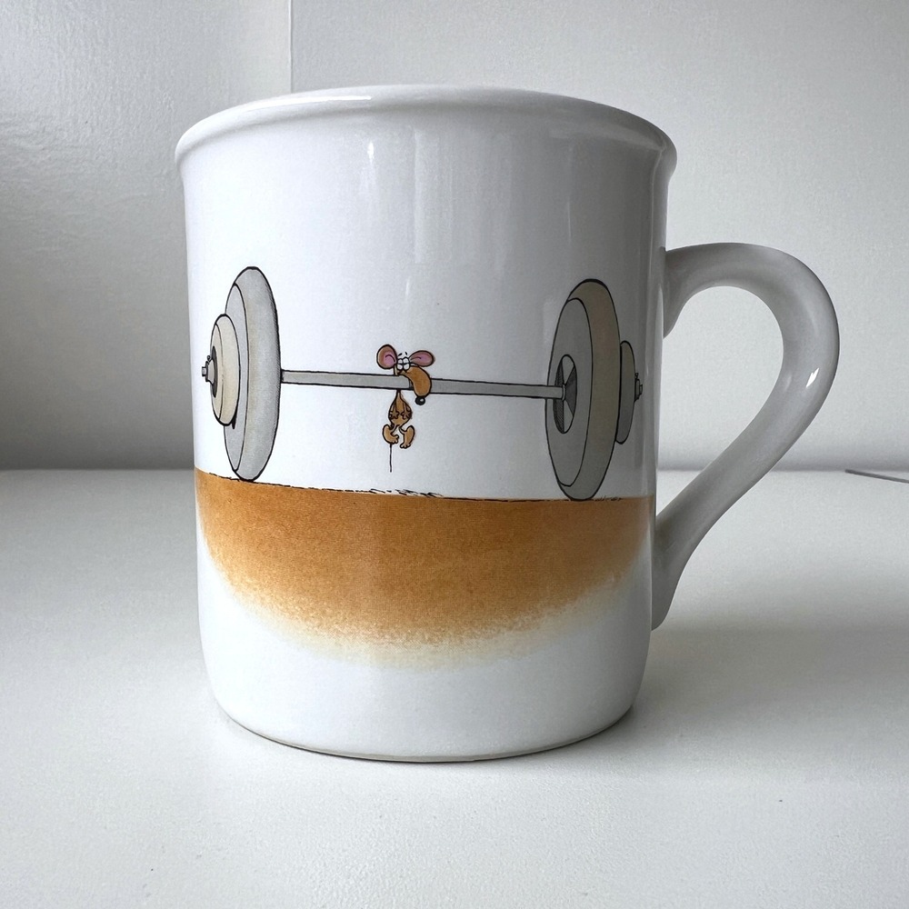 Vintage 1985 Hallmark Rim Shots Give Me Strength Mouse Weightlifting Mug - Picture 4 of 8